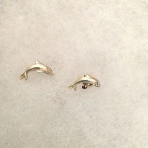 Sterling Silver Dolphin stud earrings with Ruby gemstone on one